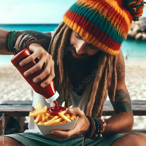 ragazzo rasta con dread mette il ketchup sulle patatine fritte photo