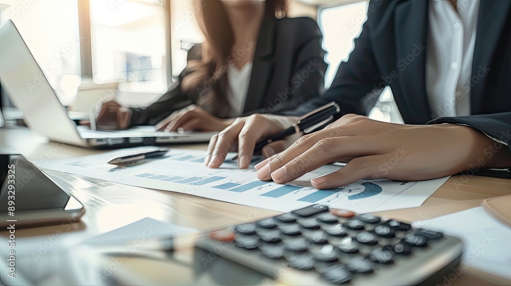 Two women in suits are working on a project, with one of them using a calculator Two women in suits are working on a project, with one of them using a calculator