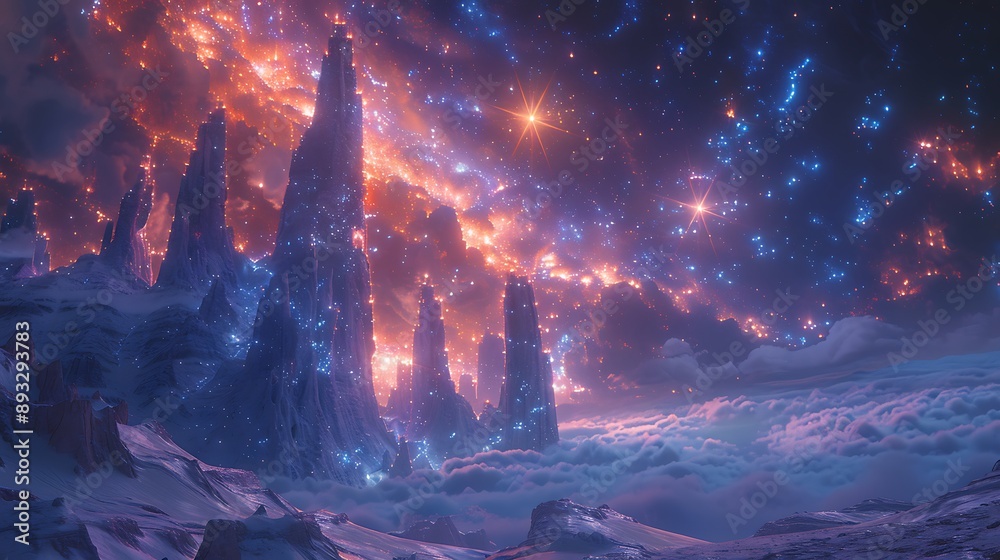 A futuristic canyon with bioluminescent rock formations and holographic skies, creating a dramatic landscape A futuristic canyon with bioluminescent rock formations and holographic skies, creating a dramatic landscape