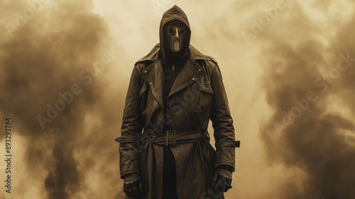 captivating dieselpunk portrait of a vigilante, with a mask and trench coat, standing before a backdrop of smoke-filled streets and industrial decay, embodying the gritty charm of dieselpunk © Mars0hod