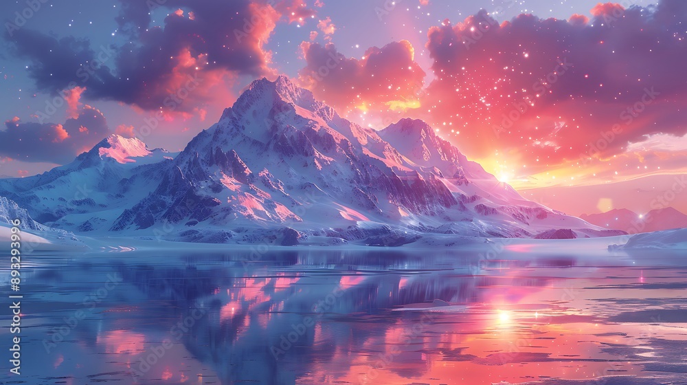 Obraz premium A futuristic mountain range with bioluminescent peaks and holographic skies, creating a surreal landscape