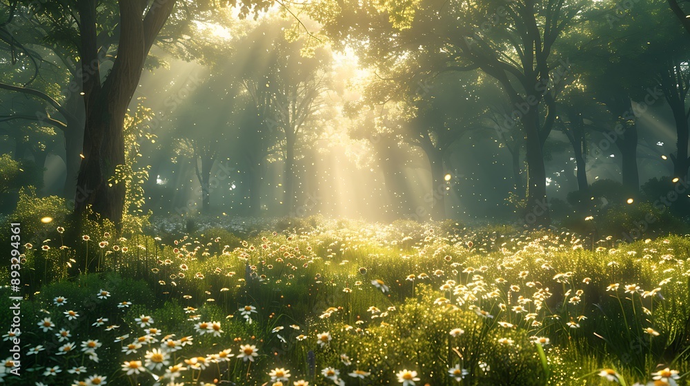 Obraz premium A modern meadow with transparent wildflowers and bioluminescent grasses, creating a peaceful scene 