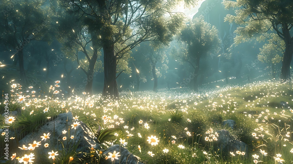 Obraz premium A modern meadow with transparent wildflowers and bioluminescent grasses, creating a peaceful scene