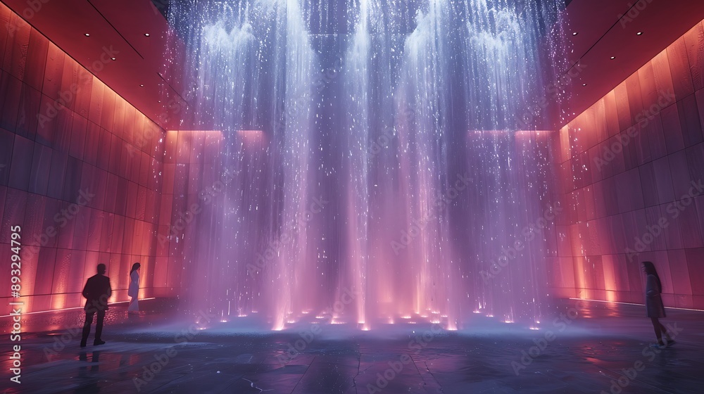An avant-garde waterfall with shifting holographic water and glowing mist, creating a mesmerizing cascade 