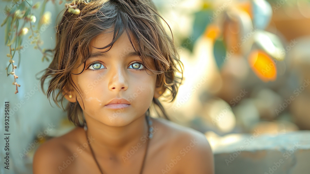 Fototapeta premium cinematic retro shot of a little Indian boy with green eyes sitting on the sidewalk edge and looking into the camera.generative ai