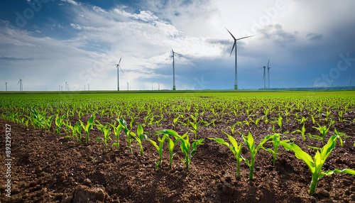 Fields of Promise: Corn Seedlings and Iconic Windmill