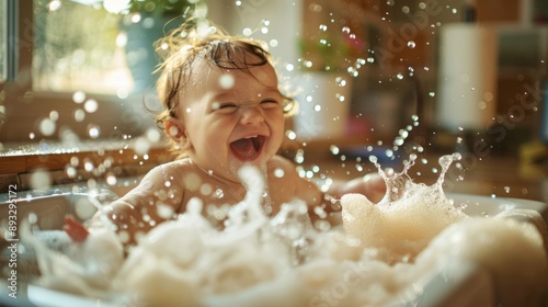 Photo of a funny girl laughing Playing and splashing water in the foam-filled sink next to the window. photo