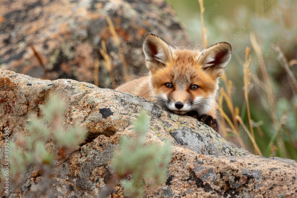Fototapeta premium A baby Red Fox Kit tries hiding while atop this large rock.