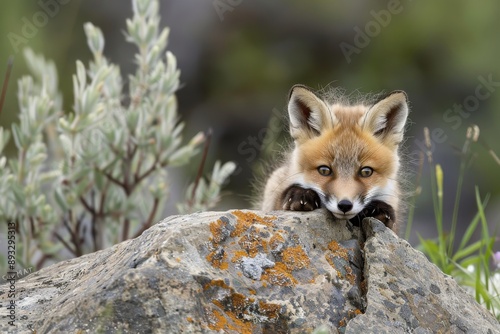 A baby Red Fox Kit tries hiding while atop this large rock.