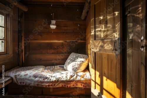 Interior of an old wooden cottage in the countryside. The bed is covered with a blanket.