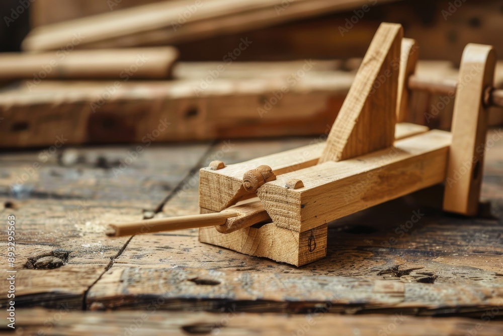 Close-up of Wooden Catapult on Workshop Table Close-up of Wooden Catapult on Workshop Table