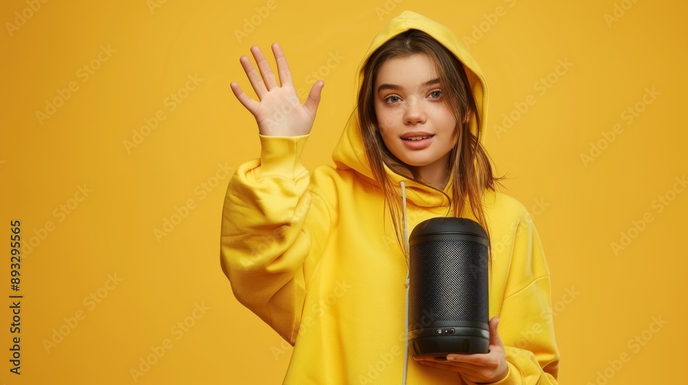 Funny young girl looking, waving, holding portable wireless bluetooth music speaker. Isolated on a yellow background. Girl in a yellow hoodie Funny young girl looking, waving, holding portable wireless bluetooth music speaker. Isolated on a yellow background. Girl in a yellow hoodie
