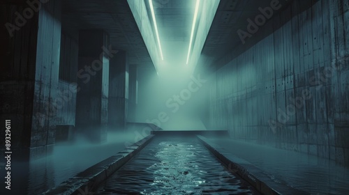 Futuristic movie set. Water flowing in the middle. Giant Brutalist concrete architecture in the fog. No people. Composition in the middle. Dark. Blue hour. LED bulbs.