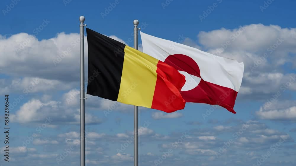 Greenland and Belgium flags flying together, video concept of the relationship, two country relations concept Greenland and Belgium flags flying together, video concept of the relationship, two country relations concept