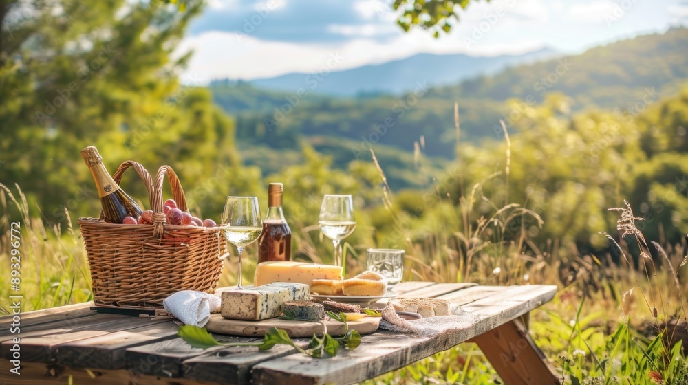 Idyllic picnic setting with wine, glasses, cheese, and bread on a wooden table in a beautiful countryside landscape. Idyllic picnic setting with wine, glasses, cheese, and bread on a wooden table in a beautiful countryside landscape.