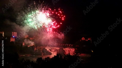 Swiss National Day celebration fireworks at the Rhine Falls in Schaffhausen canton, Switzerland