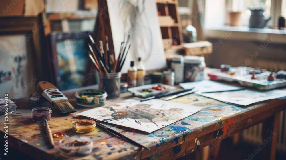 An artist's studio with a cluttered workbench featuring paint supplies, brushes, and artwork in progress. Creative workspace vibes. An artist's studio with a cluttered workbench featuring paint supplies, brushes, and artwork in progress. Creative workspace vibes.