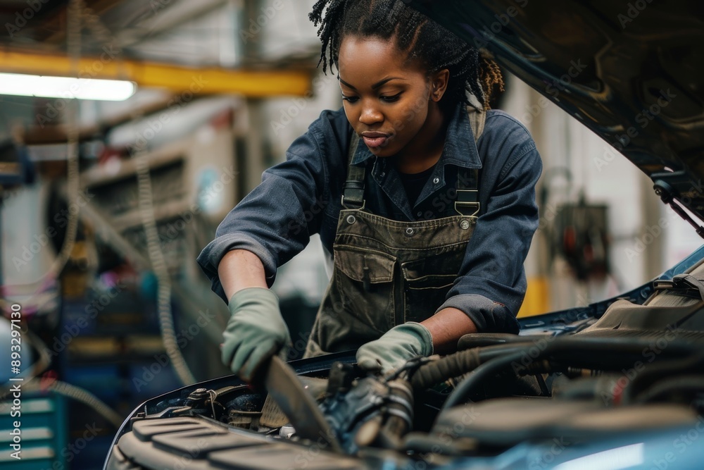 Female Mechanic Working Under the Hood of a Car Female Mechanic Working Under the Hood of a Car