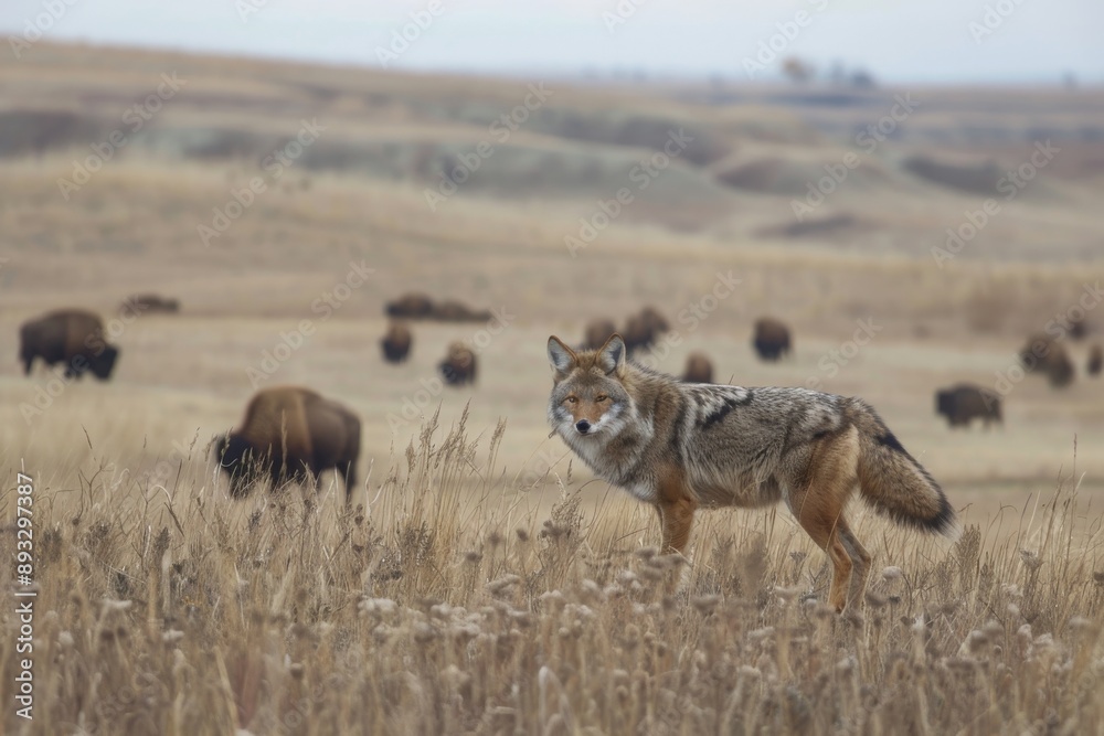 Fototapeta premium A Coyote traveling through the Bison fields