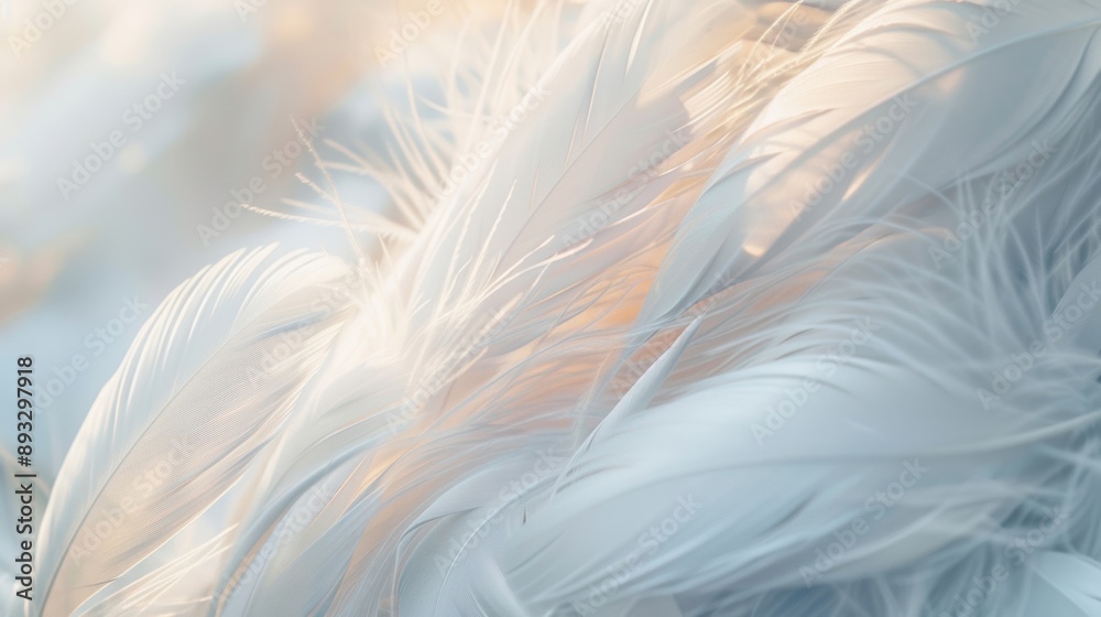 Close-up of delicate white feathers illuminated by soft light, creating a serene and peaceful atmosphere. Close-up of delicate white feathers illuminated by soft light, creating a serene and peaceful atmosphere.