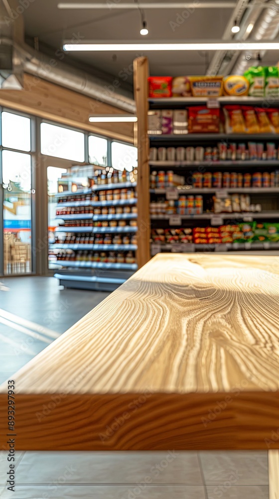 Fototapeta premium Wooden Tabletop Against Blurred Supermarket Interior