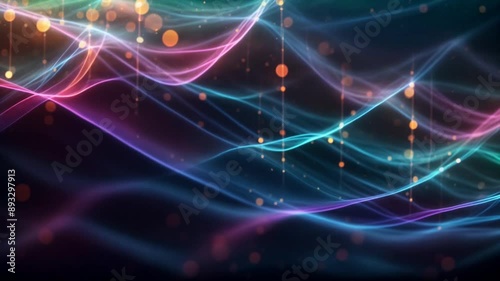 Looped 3D animation of energy dynamic abstract footage with glowing plasma swirling lines, waves, shapes in psychedelic rainbow seamless pattern on neon background with kaleidoscopic motion effect.