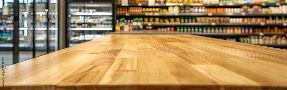 Wooden Tabletop Against Blurred Supermarket Interior Wooden Tabletop Against Blurred Supermarket Interior