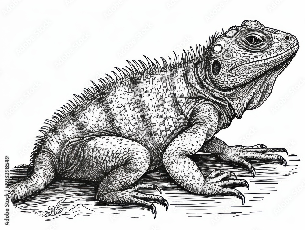 Fototapeta premium Black and white Vintage engraved art of a basilisk isolated on white background, ink sketch illustration, simple vector art design, highly detailed line art, high contrasty 