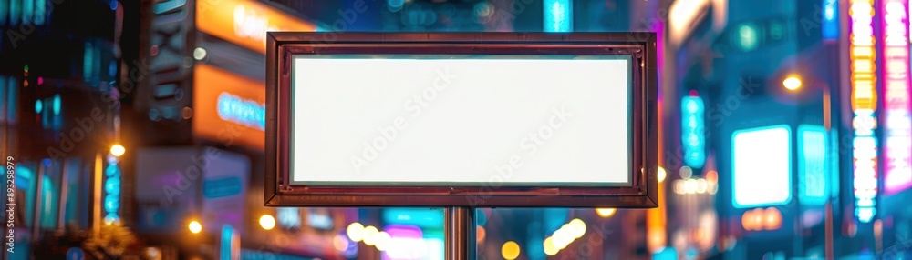 Blank Signboard In Neon Cityscape With Colorful Lights And Urban Nightlife. Blank Signboard In Neon Cityscape With Colorful Lights And Urban Nightlife.