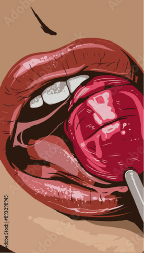 lips licking a red lollipop. The artwork uses detailed shading and highlights to create a glossy and vibrant effect, emphasizing the sensual