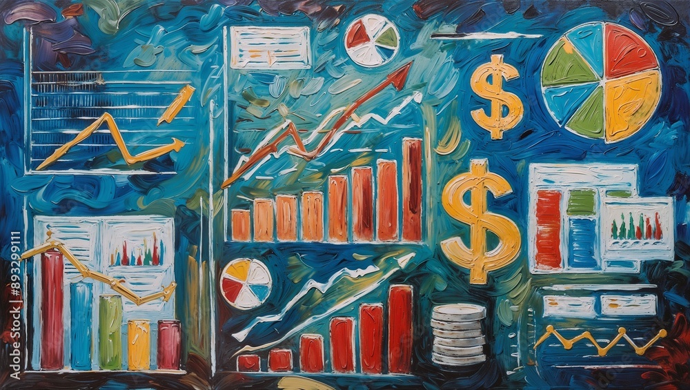 Obraz premium oil paint art of business set of budgeting, investing, and saving, with symbols like graphs, charts, and dollar sign. Business success, personal finance education concept.