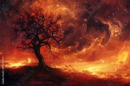 A surreal tree silhouette against a vibrant, fiery cosmic background. Abstract galaxy theme perfect for backgrounds or fantasy art.