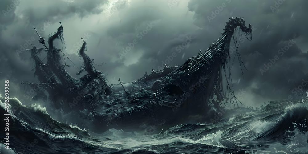 An eerie shipwreck amidst stormy seas, with dark clouds overhead. This dramatic scene evokes mystery and adventure in a haunted maritime setting. An eerie shipwreck amidst stormy seas, with dark clouds overhead. This dramatic scene evokes mystery and adventure in a haunted maritime setting.