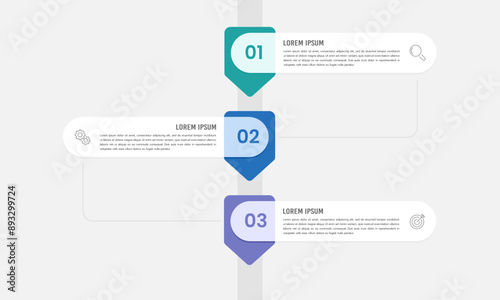Vertical Infographic Timeline with 3 labels. Business presentation, Planning, Marketing, Strategy and Report. Vector illustration.