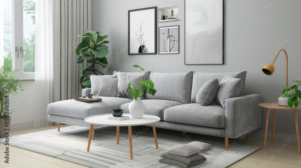 Living room featuring a grey sofa, a minimalist coffee table, and a white rug
