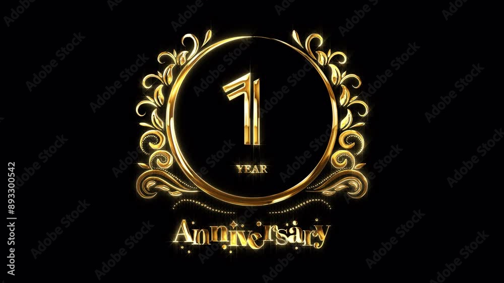 1st Anniversary Celebration. Happy 1 Year Anniversary Animation in Gold Color on the Transparent Background, Alpha Channel. Great for greetings, celebrations, events, and gifts.