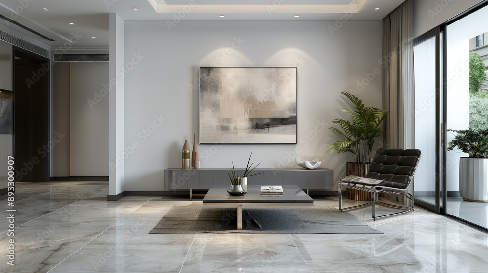 Living space with clean lines, a single piece of modern art, and simple furniture