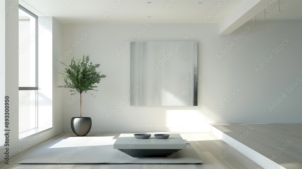 Living space with clean lines, a single piece of modern art, and simple furniture Living space with clean lines, a single piece of modern art, and simple furniture
