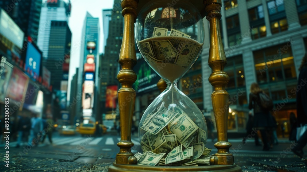 An Image of a Golden Hourglass Filled With Money on a Busy City Street - Generative AI An Image of a Golden Hourglass Filled With Money on a Busy City Street - Generative AI