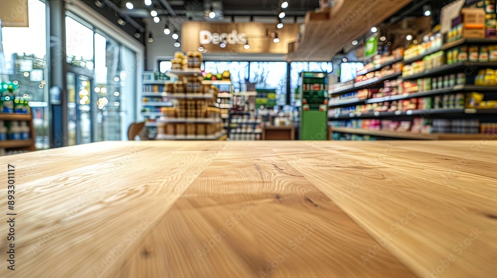 Wooden Tabletop Against Blurred Supermarket Interior Wooden Tabletop Against Blurred Supermarket Interior