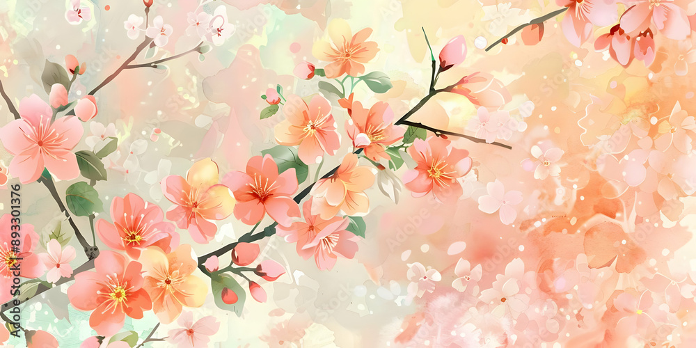 Fototapeta premium Elegant watercolor painting showcasing pink cherry blossoms on delicate branches, ideal for spring-themed designs and backgrounds.