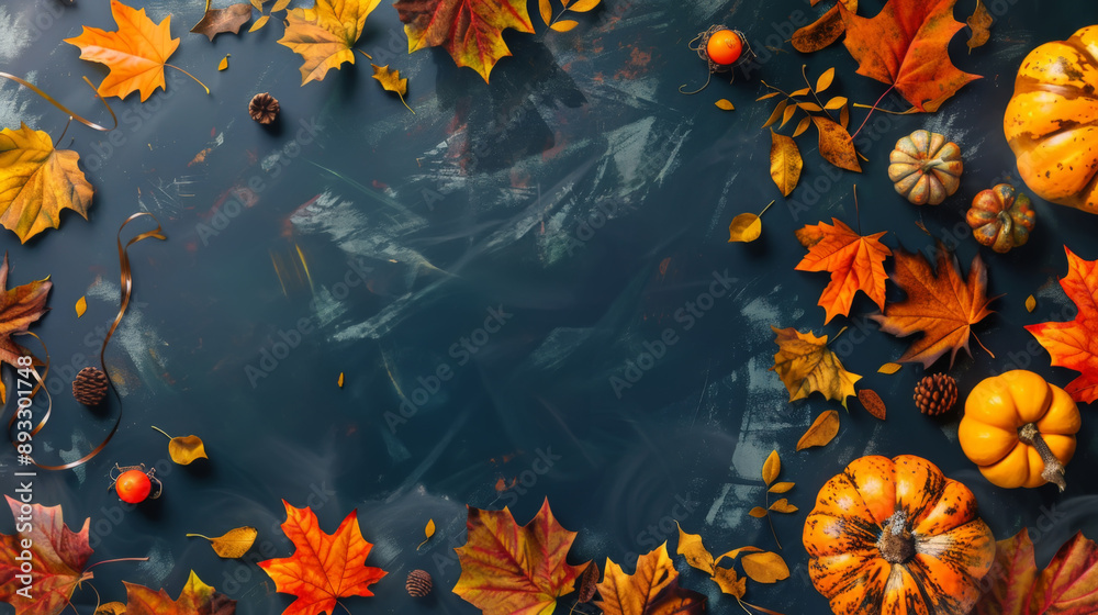 Autumn Leaves and Pumpkins on Dark Background Autumn Leaves and Pumpkins on Dark Background