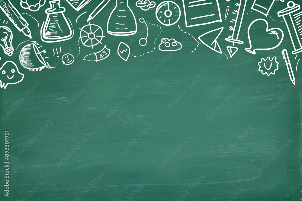 Green chalkboard with school and science doodles on top. Perfect for educational themes, back to school, and STEM subjects. Green chalkboard with school and science doodles on top. Perfect for educational themes, back to school, and STEM subjects.