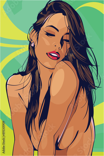 a woman with long hair, posing with a relaxed and sensual expression. The background features green and yellow abstract patterns