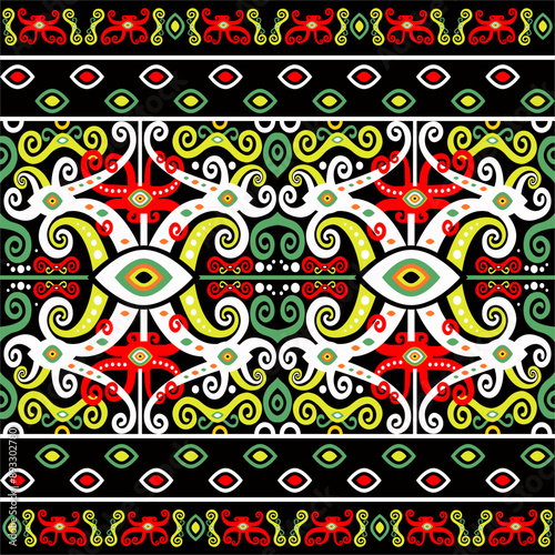 Seamless Borneo Ethnic pattern with natural color scheme of black yellow green and red