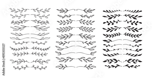 Set hand drawn floral elements isolated doodle line style. Outline silhouette branches.