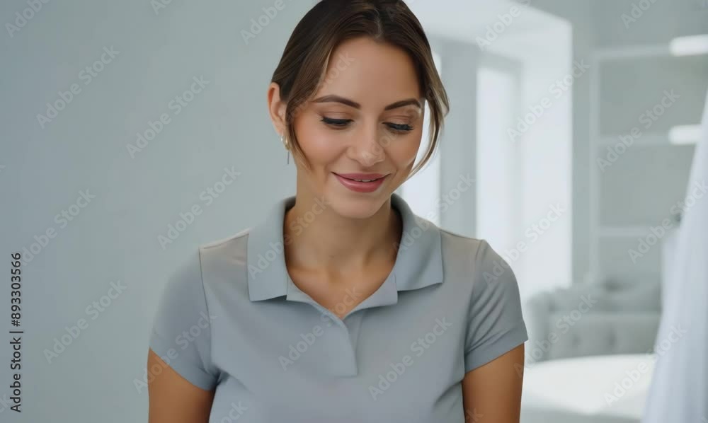 Lifestyle portrait video of a pleased woman in her 30s wearing a sporty polo shirt against a minimalist or empty room background Lifestyle portrait video of a pleased woman in her 30s wearing a sporty polo shirt against a minimalist or empty room background