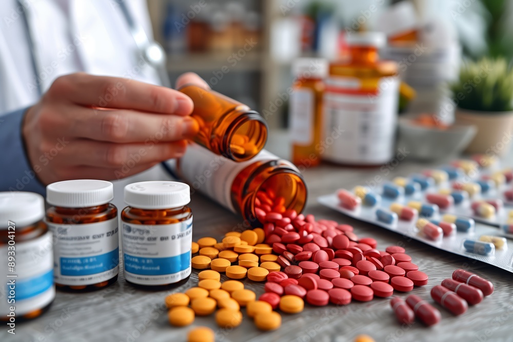 Pharmacist Dispensing Red and Orange Pills in a Pharmacy Pharmacist Dispensing Red and Orange Pills in a Pharmacy