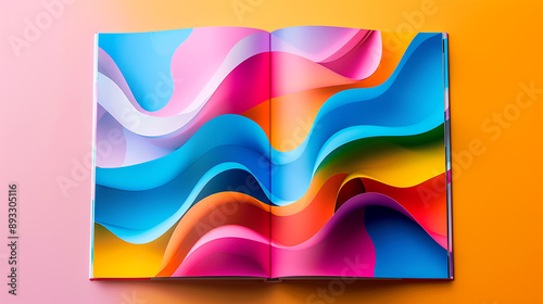 Open book with colorful wavy patterns on a pink and orange background