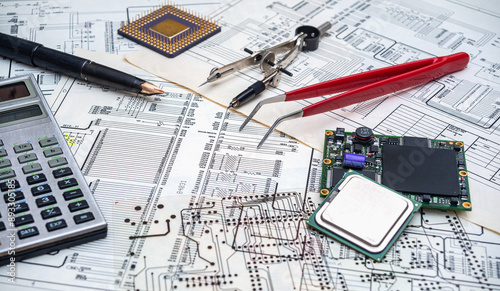 Electronic components and tools on an engineering blueprint for circuit board design. Microchips, calculator, pen and tweezers arranged for a technical work layout.